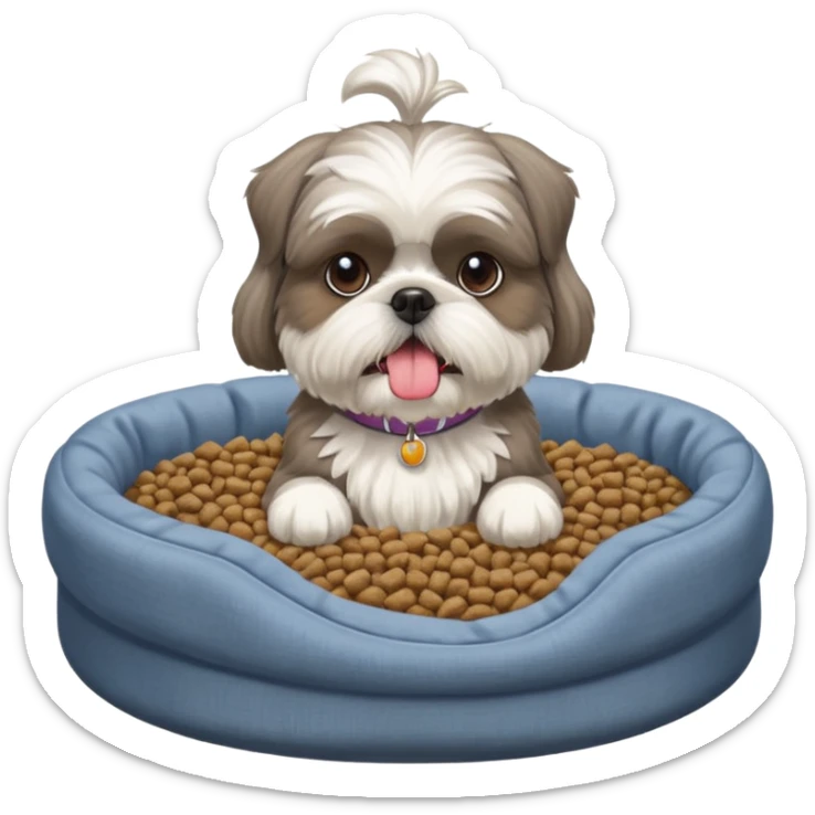 old ALL grey shih tzu in dog bed tongue hanging out with a bowl of food sticker
