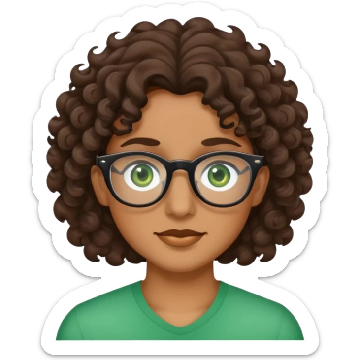 Tan with dark brown, curly wavy hair with green eyes and clear glasses ￼ sticker