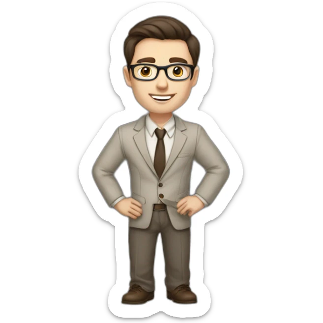 Pale skinned fit man with dark brown hair in gray jacket, beige office shirt, brown tie, brown pants and vintage glasses Writing on the marker board sticker
