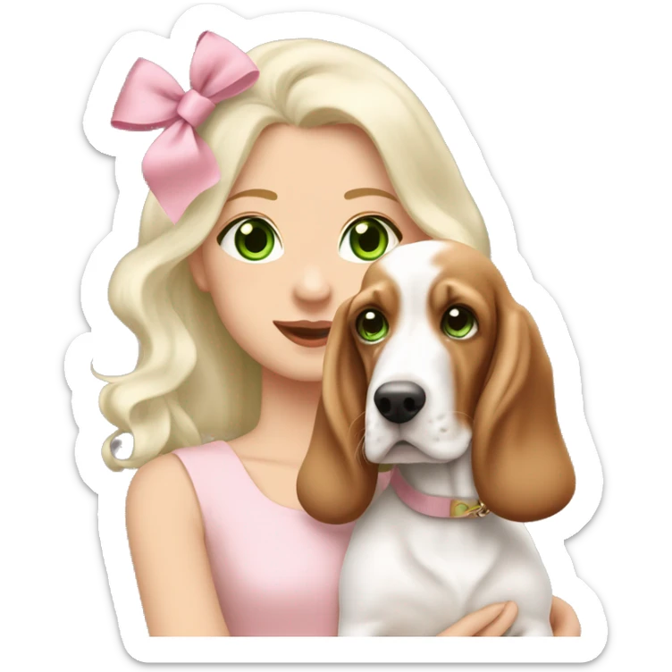 pale blonde girl with long platinum white wavy hair with bright green eyes and wearing a light pink hair bow holding a brown and white basset hound puppy also wearing a hair bow sticker