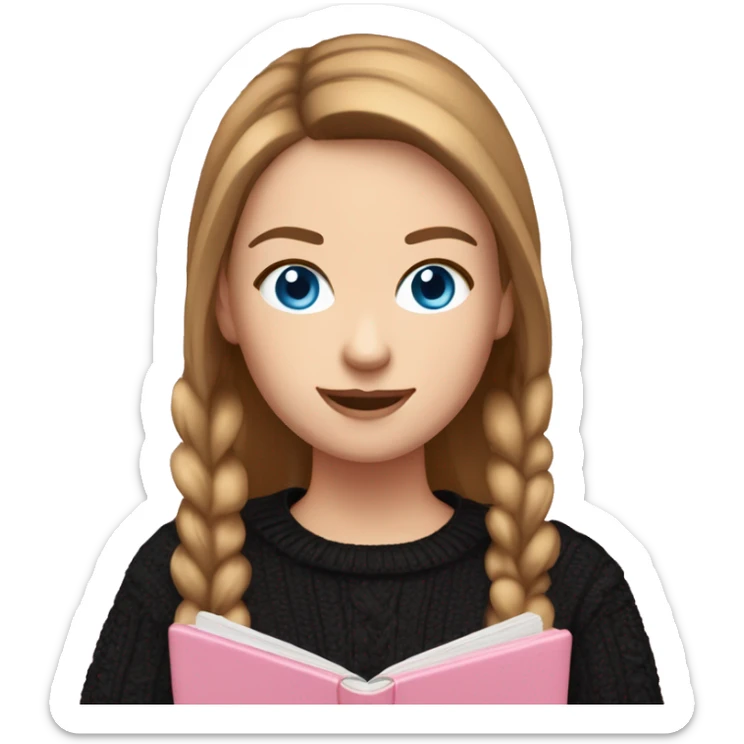 caucasian white IT girl student, holding pink laptop, blue eyes, brown hair ponytail wearing a thick black sweater sticker