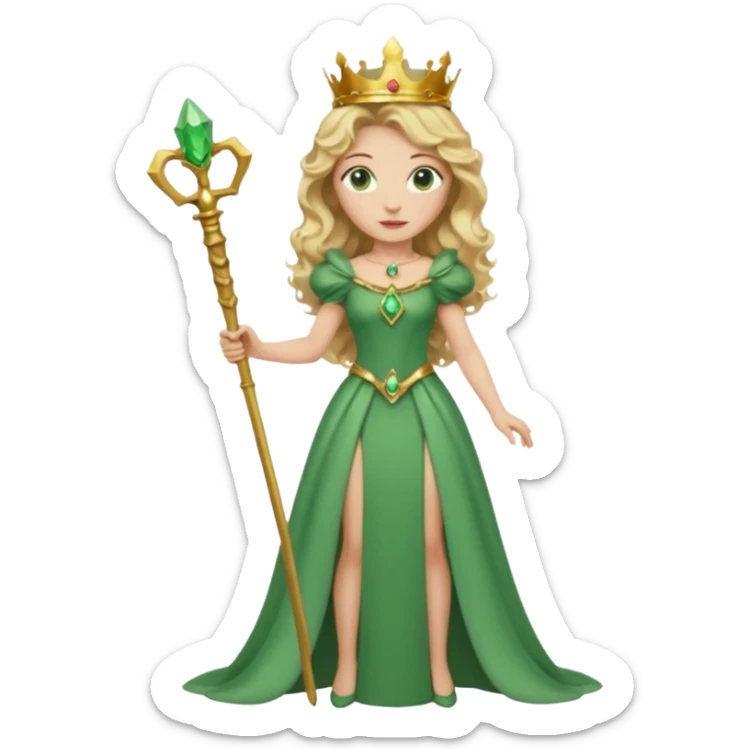 Queen, crown, blonde wavy hair, green eyes, long green narrpw dress, whole Body, sticker