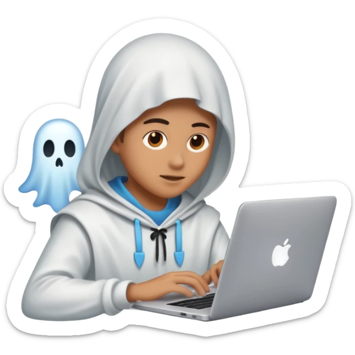 Create an emoji where an ungender person sits in front of the desk, designing ghost characters on laptop. Please refer to the attached image for ghost characters. sticker