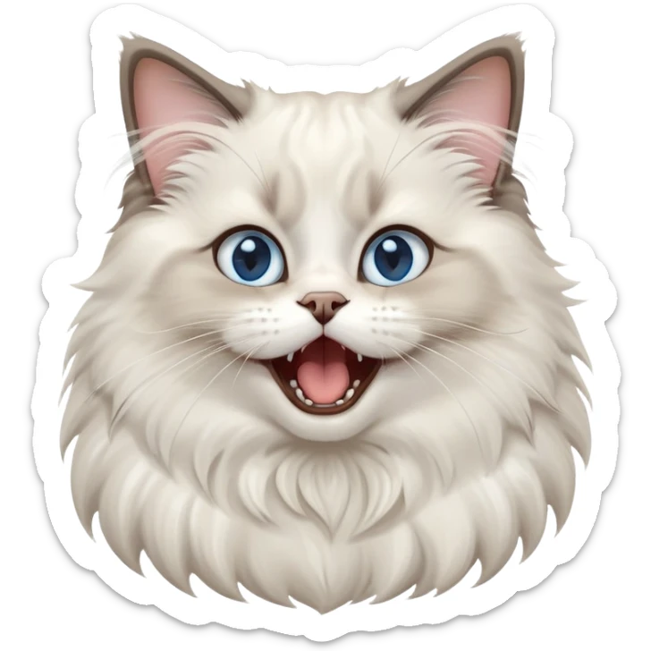 cinematic-adorable-big-eyed-fluffy-ragdoll-cat-portrait-emoji,-head-tilted-playfully-with-a-cute,-exaggerated-yawn,-white and grey fur,-simplified-yet-irresistibly-cute-features, blue eyes sticker