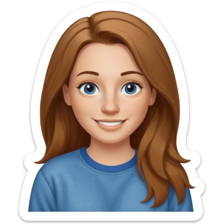 A 38 year old white woman with long brunette hair parted in the middle. She has a nose ring. She has freckles and is wearing a sweatshirt and jeans smiling sticker