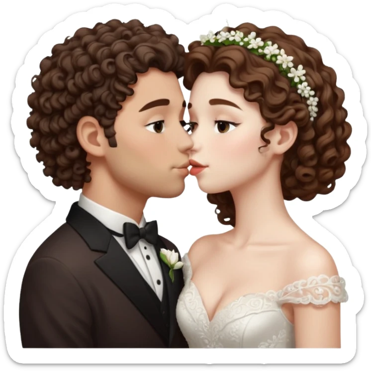 A couple kissing, the man would be white-skinned, mid fade-curly, brown-hair. The serious woman with white skin, long hair and brown color sticker