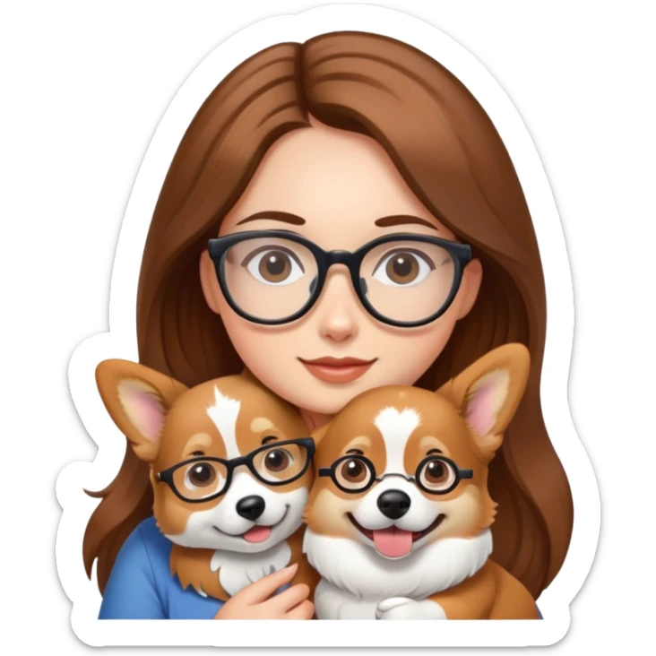 A girl with long brown hair and glasses holding a corgi sticker