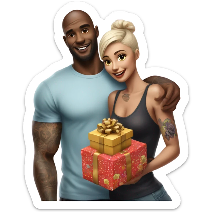 Hyper Realistic beautiful woman receiving a gift and a box of chocolates from a handsome tattooed man  sticker