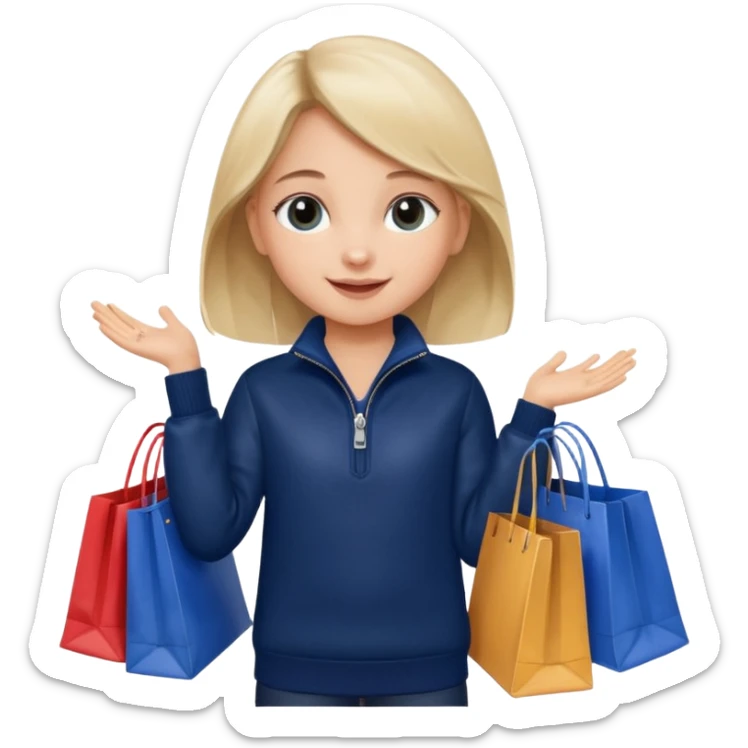 A little girl (he usually calls her baby), who is obsessed with shopping and luxury brands and holds a dozen of bags, she wears navy blue half zip sweater and holds 10 bags sticker