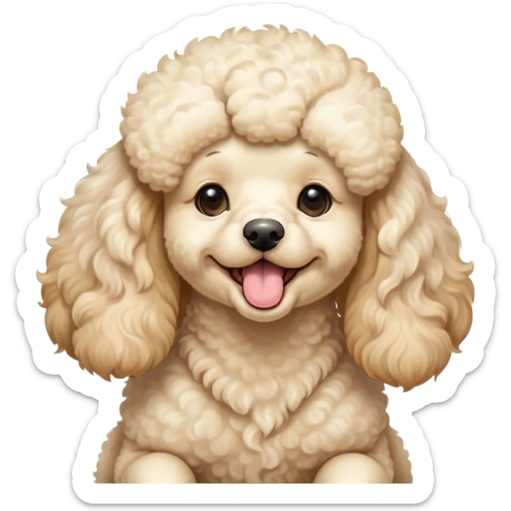 Cinematic Cute Yawning Cream Poodle Portrait Emoji, Head tilted slightly with a dramatic, wide-open yawn, displaying a soft, curly cream Fur with delicate texture, floppy ears slightly drooping, round warm eyes barely open in drowsy contentment, Simplified yet irresistibly adorable features, highly detailed, glowing with a soft, cozy glow, high shine, relaxed yet expressive, stylized with a touch of whimsy, bright and endearing, soft glowing outline, capturing the essence of a sleepy yet affectionate companion, so drowsy it feels like it could stretch right out of the screen and curl up for a nap! sticker