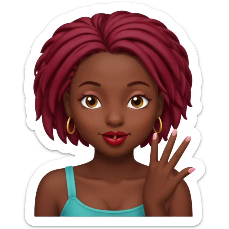 A dark skin, black girl with short burgundy locs  winking and blowing a kiss sticker