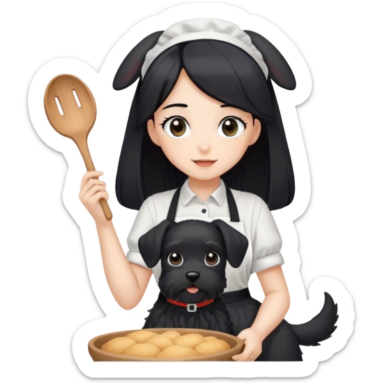 pale girl with long black hair wearing black long shirt wearing apron and baking holding black floppy ear schnauzer sticker