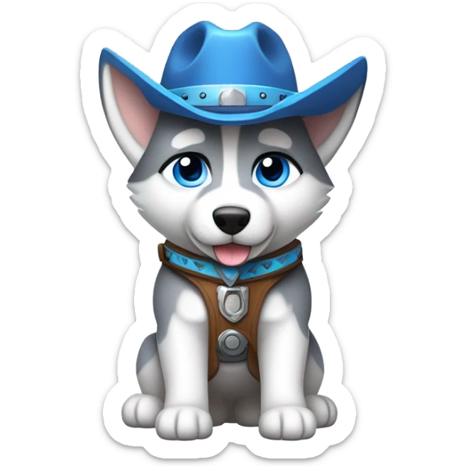 Gray Siberian Husky with blue eyes puppy wearing a cowboy hat dressed in Jedi clothing Holding a Lightsaber with the Paw sticker