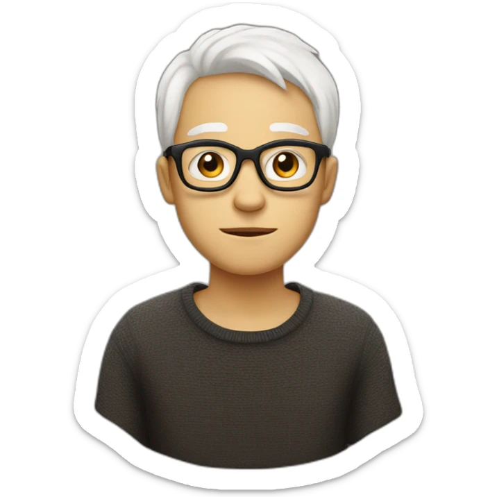 thin white teenager with white hair.  He is cross-eyed and wears black glasses.  he has a triangular shaped head.  he's also wearing a brown sweater sticker