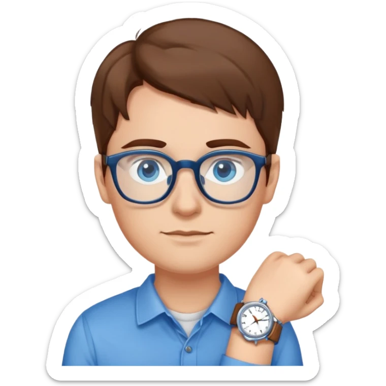 person with brown hair, blue eyes, glasses, wearing a blue shirt and a watch sticker