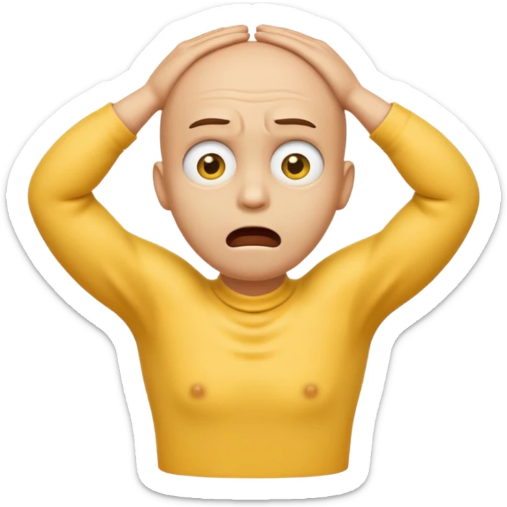 Yellow face emoji strangling itself with 2 arms crossed and hands saround neck and eyes looking up in fear sticker