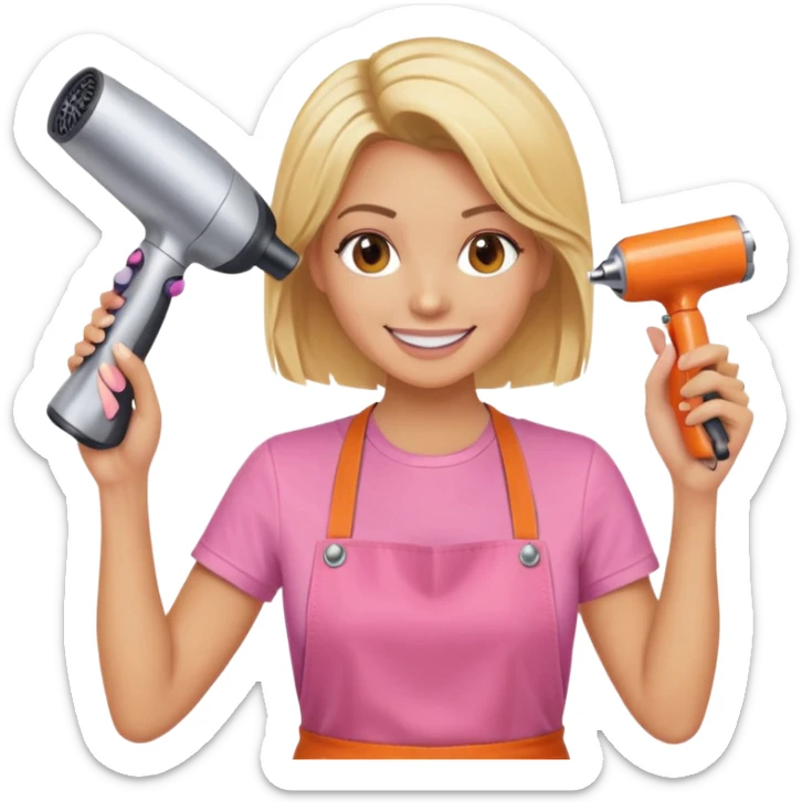 blonde female hairstylist smiling, pink t-shirt, orange apron, holding scissors and hairdryer with hands raised sticker