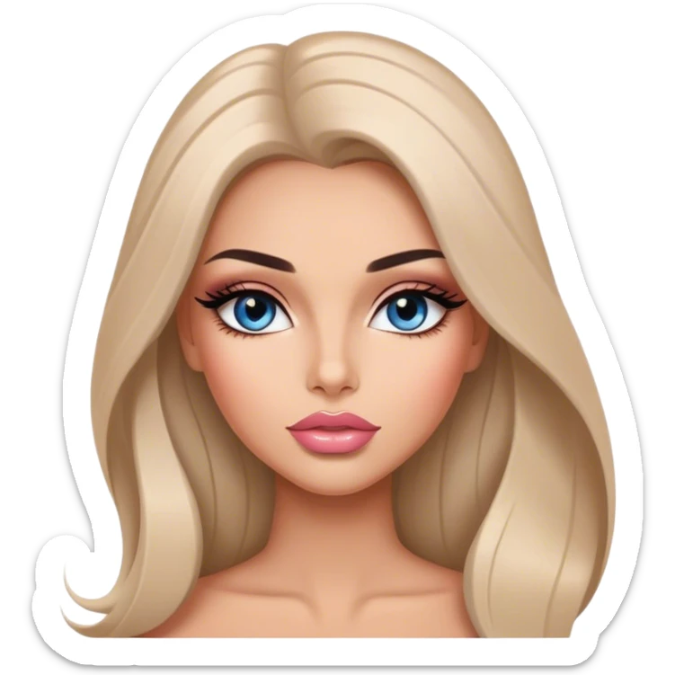 Glamours, tanned, very beautiful girl, with big pump peach-beige-rose lips, long long lashes, black straight smooth silky long hair, straight parting hair, blue-grey eyes sticker
