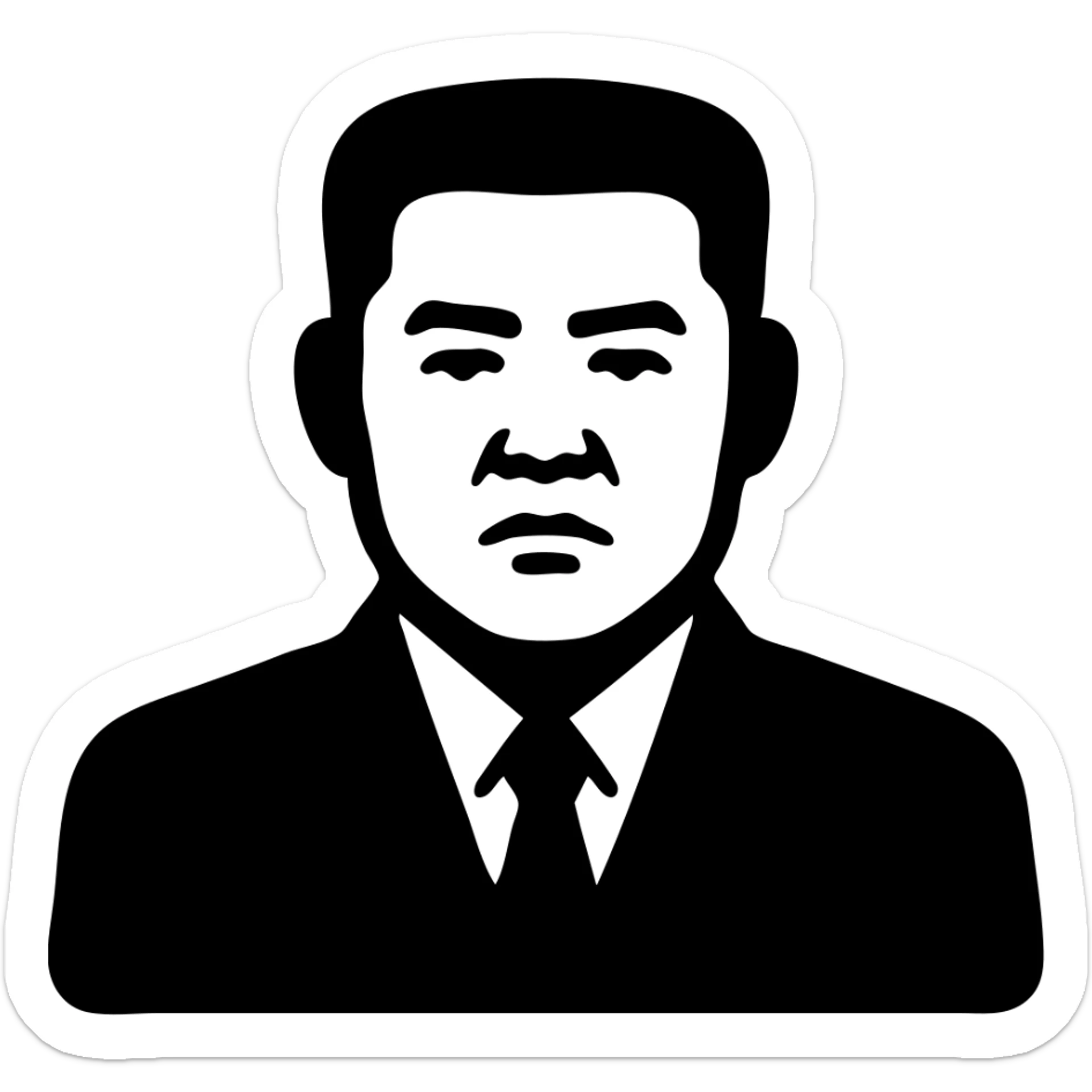 Portrait of a North Korean man, serious and stern, official portrait of a chief engineer at a shipyard, wearing formal dark clothing, neutral background, restrained style, DPRK propaganda style portrait, minimalist, masculine, confident gaze sticker