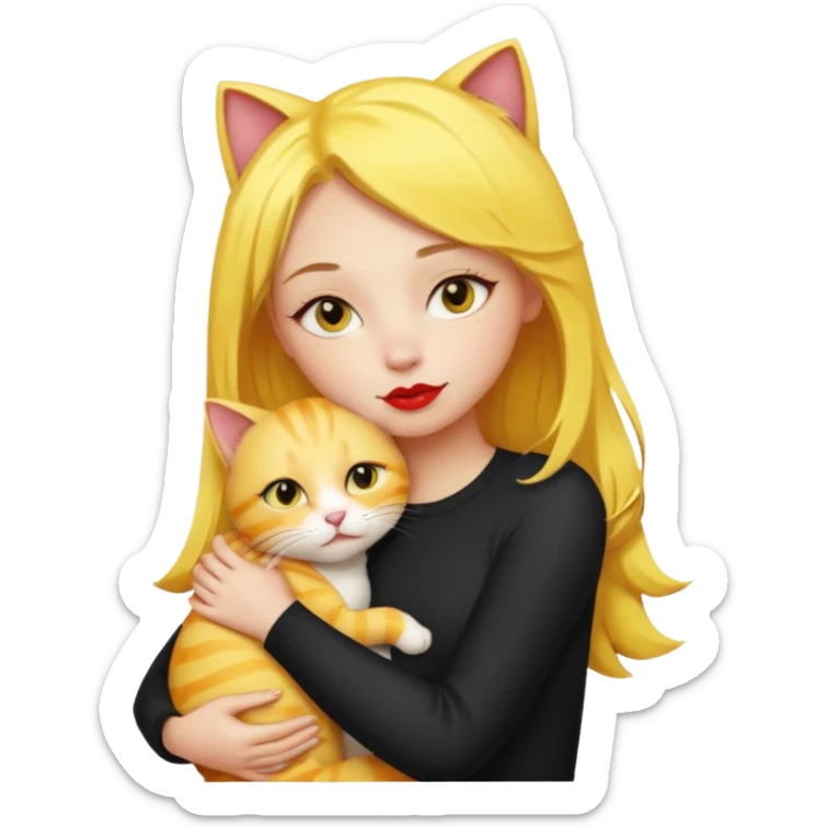 Sarışın elinde kedi olan ve hafif ruj ve rimel sürmüş sarı kedisine sarılan bir kız sticker