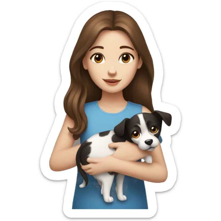 girl with brown hair blue eyes holding a black and white dog sticker