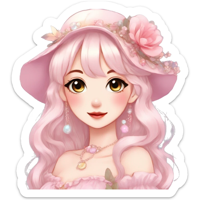 Gorgeous anime style lady with blushing face and accessories cottagecore fairycore Kawaii anime colorful pearly romantic aesthetic trending style sticker