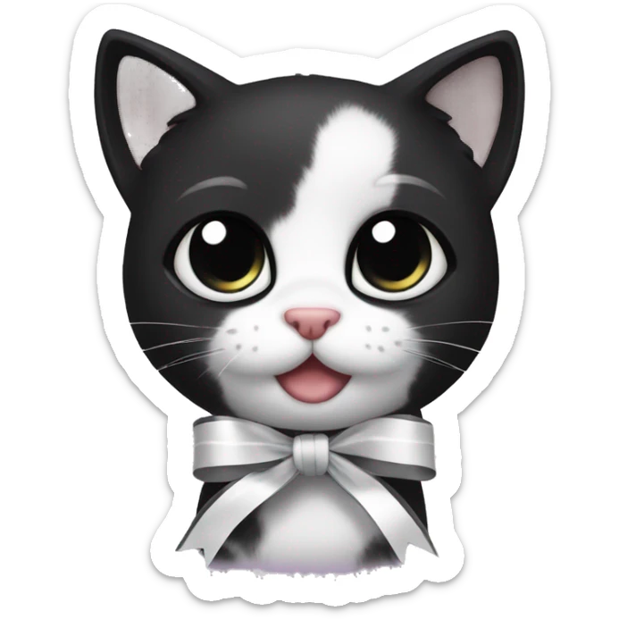 black kitten with black eyes and white ribbons, cute sticker