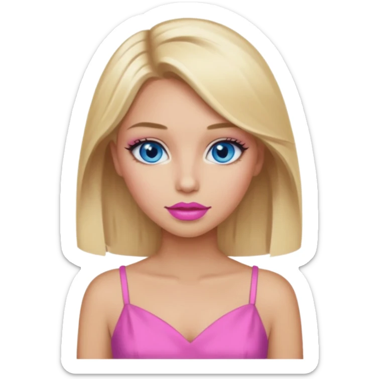 Girl with blonde hair, blue eyes, pink lipstick and tan skin wearng makup and a pink dress sticker