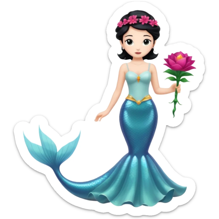 Chica blanca,cuerpo entero, vestido boda tipo  sirena tirantes finos y estrecho, pelo negro recogido con mechones y zapatos tacon y 1 flor en la cabeza sticker