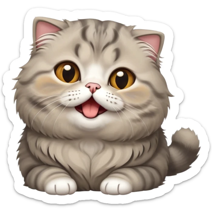 Cinematic-Adorable-Scottish-Fold-Cat-Portrait-Emoji – Big-eyed, fluffy Scottish Fold cat with a playful head tilt and a cute yawn, plush solid-grey fur, signature small folded ears enhancing its round face, simplified yet irresistibly cute features, expressive amber eyes filled with quiet curiosity, highly detailed with a gentle glow. sticker