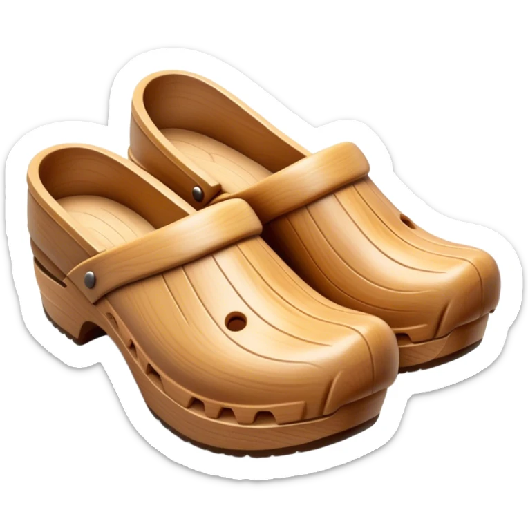 Cinematic Realistic Wooden Clogs Emoji, depicting the classic handcrafted footwear with a smooth, curved design and sturdy wooden soles, rendered with rich textures and warm, natural lighting. sticker
