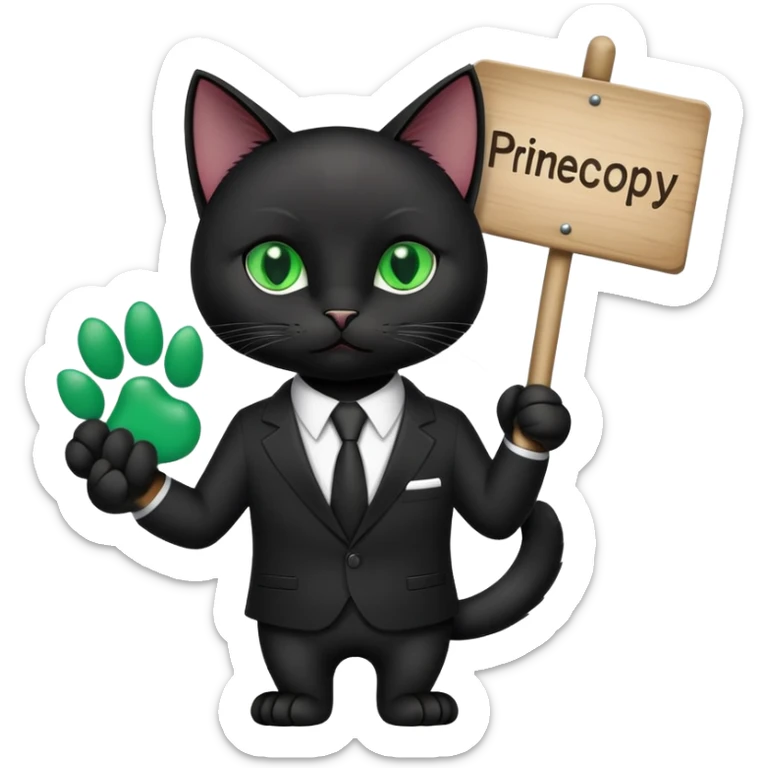 A black cat in a black business suit holds a sign with the inscription "PrimeCopy" in one paw sticker
