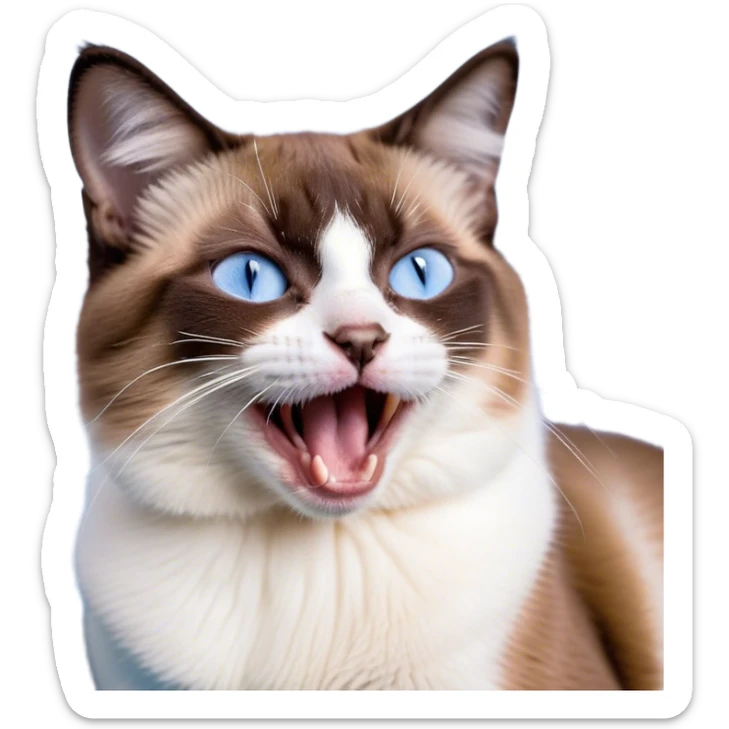 Cinematic Cute Yawning Brown Mantle Snowshoe Cat Portrait Emoji, Head tilted slightly with a dramatic, wide-open yawn, smooth brown fur draping elegantly over its back with contrasting white paws, chest, and facial markings, piercing icy-blue eyes that are barely open, Simplified yet irresistibly adorable features, highly detailed, glowing with a soft, cozy glow, high shine, relaxed yet expressive, stylized with a touch of whimsy, bright and endearing, soft glowing outline, capturing the essence of a sleepy yet affectionate kitty, so drowsy it feels like it could stretch right out of the screen and curl up for a nap! sticker