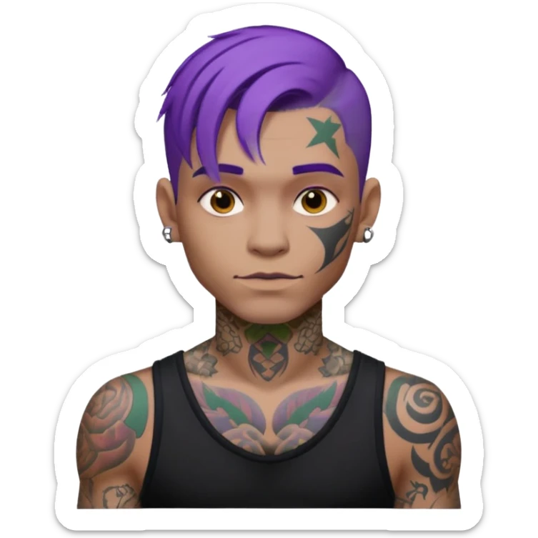men with tatoos and hightlight that tatoos with purple hair and black dress and close look sticker