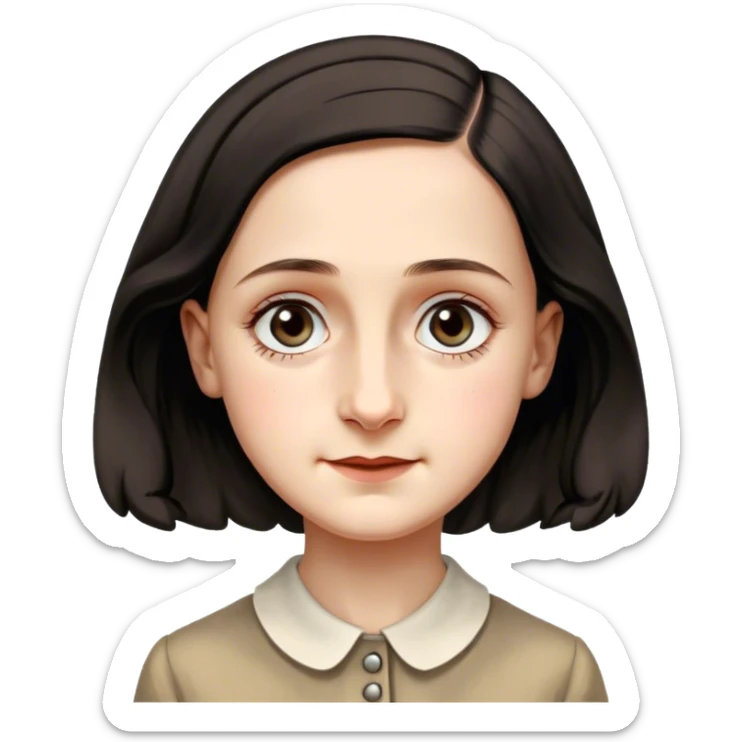 Anne Frank – Cinematic Realistic Portrait of Anne Frank, depicted with a reflective, gentle expression in period clothing, her eyes conveying hope and resilience, rendered with soft, natural lighting and delicate textures that capture the poignancy of her legacy. sticker