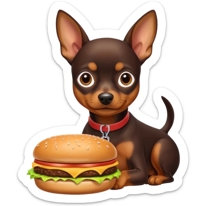 Miniature pinscher dog with white paws eating a giant, juicy hamburger sticker