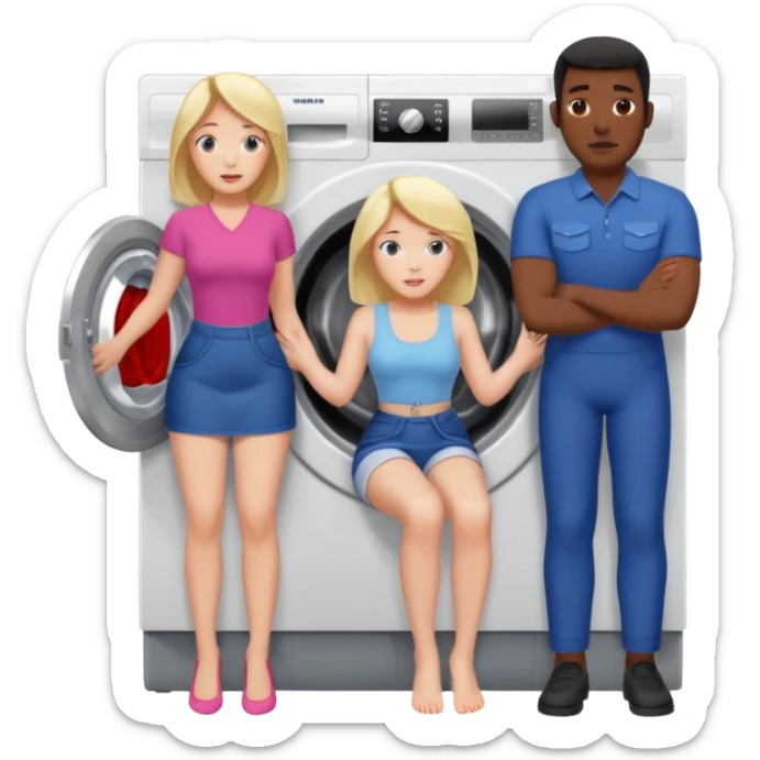 Eine Frau steckt bis zum Bauch in einer Waschmaschine fest und nur die Beine gucken raus und zwei schwarze männer ziehen an ihren Beinen um sie raus zu holen  sticker