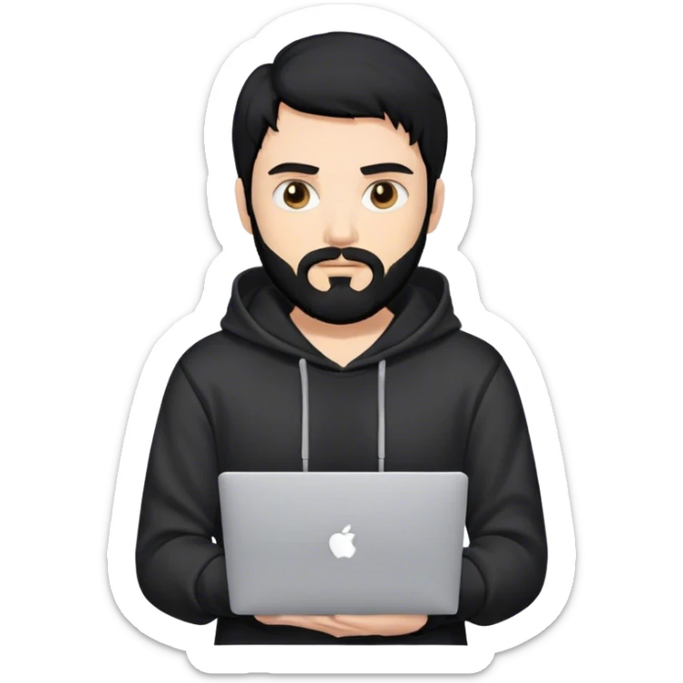 hackeur blanc cheveux noir barbe et capuche noir avec un macbook sticker