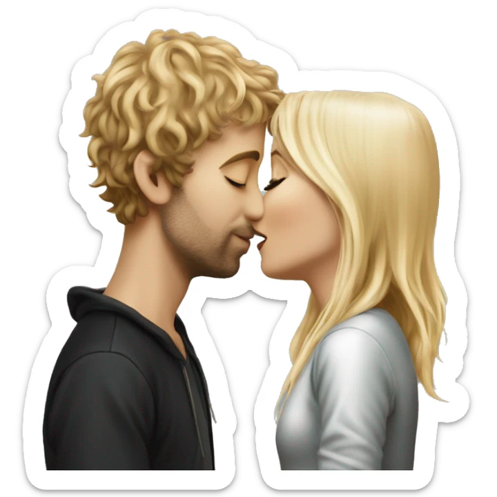 Pippin-hobbit wearing hoodie passionately kissing pretty blonde woman with black top sticker