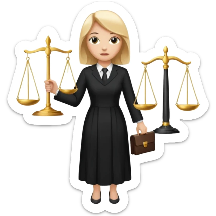 woman lawyer blanche et blonde avec des cheveux mi-long; elle est habillée avec une longue robe noire et une cravate blanche; elle soutient fièrement le symbole de la justice sticker