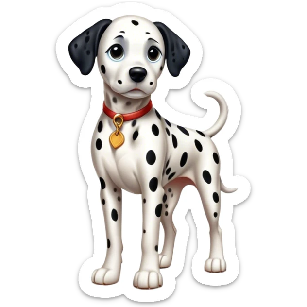 Cinematic Realistic full-body portrait of a Dalmatian dog, rendered with glossy, meticulously detailed spotted fur and expressive, alert eyes, set against a clean, neutral backdrop that highlights its regal and athletic stance. sticker