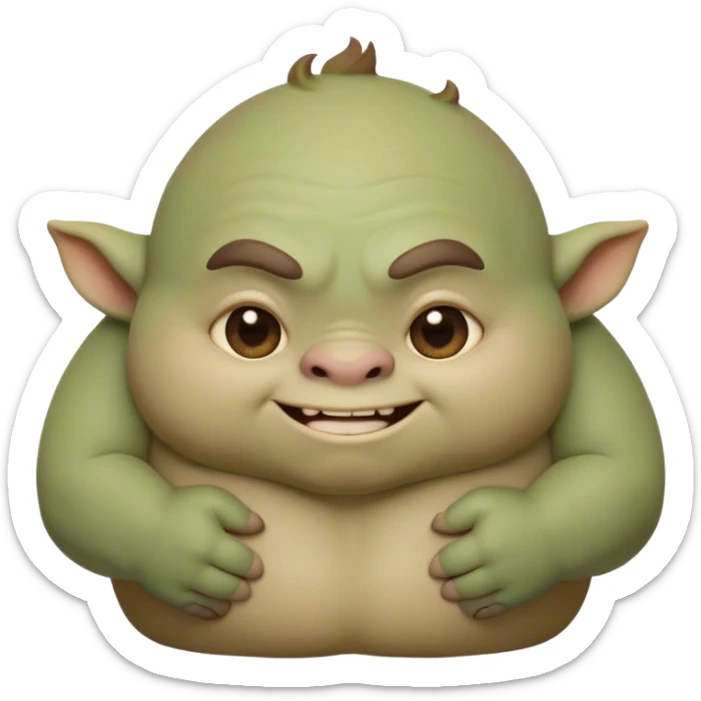 Cinematic Cute Ogre Portrait Emoji, with a surprisingly endearing, plump and huggable figure in soft earthy greens and browns, featuring big, kind eyes and a bashful smile, simplified yet irresistibly adorable, highly detailed with a soft glowing outline that captures the charm of a friendly giant who seems ready for a warm hug! sticker