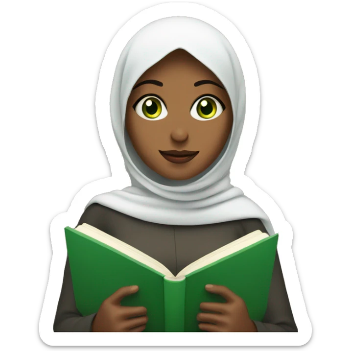 A covered Muslim woman with green eyes reads a book sticker