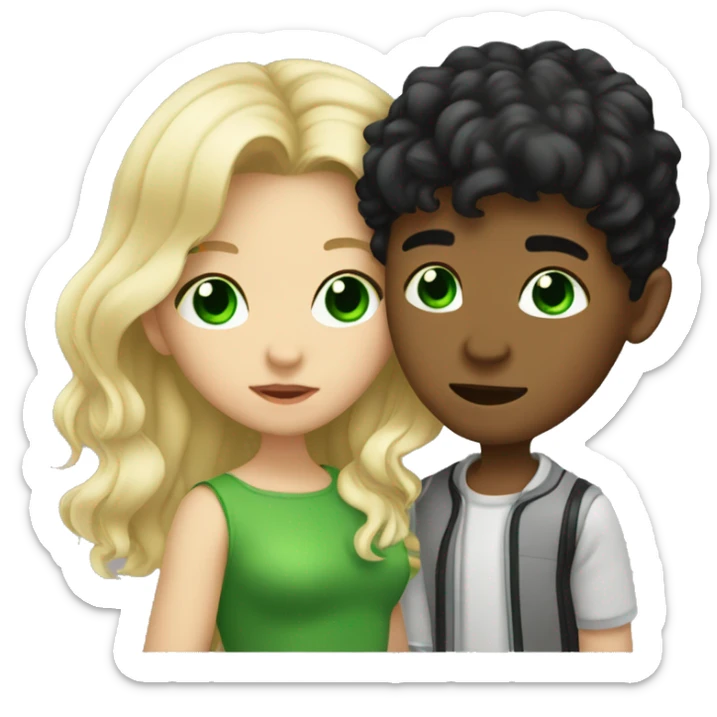 Blonde girl with green eye and wavy medium hair, black haired boy is kissing sticker
