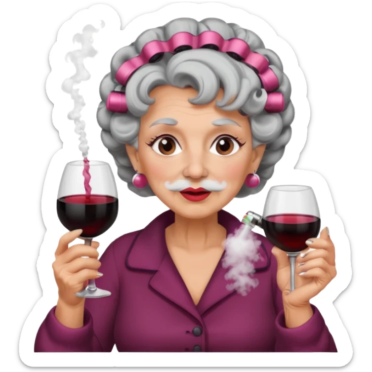 A grandma with hair curlers in with a vape and drinking wine with white powder under her nose sticker