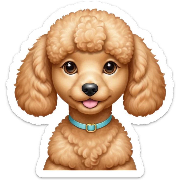 Cinematic Cute Apricot Poodle Portrait Emoji, Head tilted playfully and inquisitively, showcasing a bouncy, curly apricot Fur with a luminous sheen, round, sparkling warm eyes filled with curiosity, Simplified yet irresistibly adorable features, highly detailed, glowing with a warm, friendly glow, high shine, affectionate and lively, stylized with a touch of whimsy, bright and endearing, soft glowing outline, capturing the essence of a mischievous yet loving companion, so playful it feels like it could bounce out of the screen and into your arms! sticker