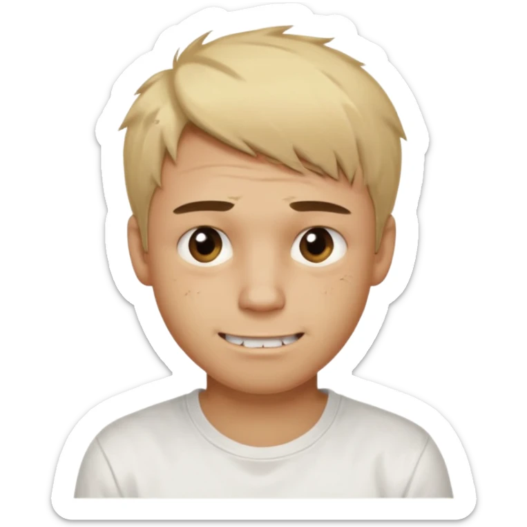 Male with short, messy blonde hair, large expressive golden-brown eyes, light brown skin, subtle facial bruises and scratches, crooked smile showing slightly damaged teeth, wearing a plain white t-shirt, friendly but creepy expression. sticker
