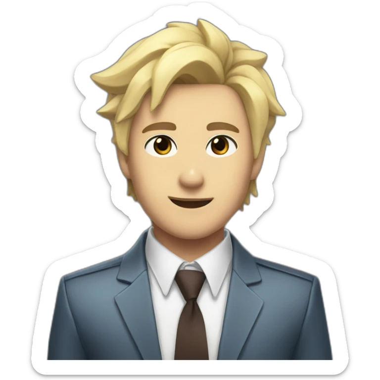 Denji with his blond hair, brown eyes, with his shark teeth and a shirt with a tie from chainsawman sticker