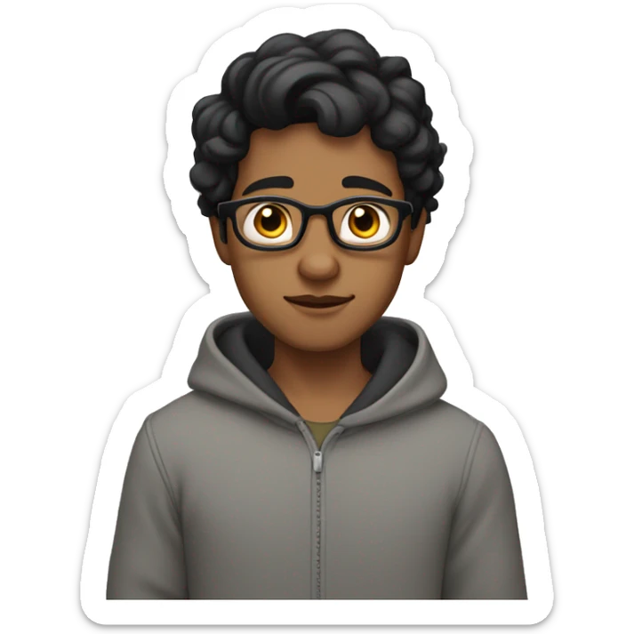 Indian skin tone origin boy wearing glasses in a grey hoodie with wavey black hair with black eye sticker