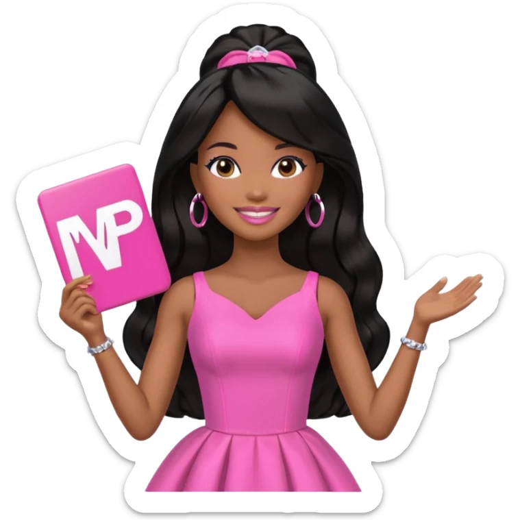 Black barbie, long black  hair, pink dress holding mvp sign  sticker
